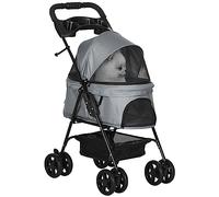PawHut Dog Pram Dog Stroller Foldable Pet Pushchair with 4 Wheels, Safety Leashes, Cup Holder for Small Dogs, Grey