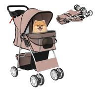 PawHut Dog Pram Foldable Dog Buggy for Small Dogs Cats Brown | Pet Buggy Pushchair, 360° Swivel EVA Wheels, Brake, Reflective Strips, Mesh Windows, Washable Cushion