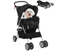 PawHut Dog Pram, Foldable Pet Stroller for Small Miniature Dogs Cats, Pet Buggy Pushchair with 360° Swivel EVA Wheels, Brake, Reflective Strips, Mesh Windows, Washable Cushion, Black