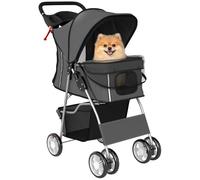 PawHut Dog Pram, Foldable Pet Stroller for Small Miniature Dogs Cats, Pet Buggy Pushchair with 360° Swivel EVA Wheels, Brake, Reflective Strips, Mesh Windows, Washable Cushion, Dark Grey