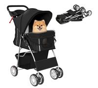 PawHut Dog Pram, Foldable Pet Stroller for Small Miniature Dogs Cats, Pet Buggy Pushchair with 360° Swivel EVA Wheels, Brake, Reflective Strips, Mesh Windows, Washable Cushion, Black