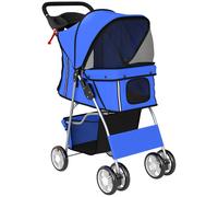 PawHut Dog Pram, Pet Stroller with Reflective Strips, Foldable Cat Stroller with 360° Swivel Wheels, Blue