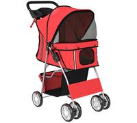 PawHut Dog Pram, Pet Stroller with Reflective Strips, Foldable Cat Stroller with 360° Swivel Wheels, Red