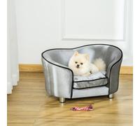 PawHut Dog Sofa Bed for Miniature Dogs, Pet Chair Couch Kitten Lounge with Soft Washable Cushion, Thick Sponge, Wooden Frame, Storage Pocket, 69 x 49 x 38cm - Silver-Tone Grey