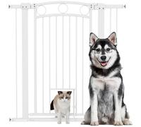 PawHut Dog Stair Gate 106cm Extra Tall 76-104cm Adjustable Width White | Pressure Fit Safety Gate, Cat Door, 7cm and 14cm Extensions, for Stairs, Doorways, Easy Installation