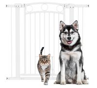 PawHut Dog Stair Gate 96cm Extra Tall Height, 76-104cm Adjustable Width Pressure Fit Safety Gate with Cat Door, 7cm and 14cm Extensions for Stairs, Doorways, Easy Installation, White