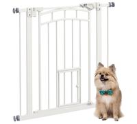 PawHut Dog Stair Gate Pet Barrier with Small Cat Door, Pressure Fit Safety Gate with Auto Closing System, Double Locking, for Hallways - White White