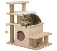PawHut Dog Steps for Bed, 4 Step Pet Stairs with Cat House, Detachable Cover, Jute Scratching Post, Cat Climb ladder for Sofa w/Hanging Balls - Beige