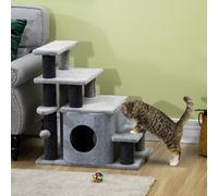 PawHut Dog Steps for Bed, 4 Step Pet Stairs with Cat House, Detachable Cover, Jute Scratching Post, Cat Climb ladder for Sofa w/Hanging Balls - Grey