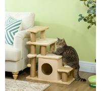 PawHut Dog Steps for Bed, 4 Step Pet Stairs with Cat House, Detachable Cover, Jute Scratching Post, Cat Climb ladder for Sofa w/Hanging Balls - Beige