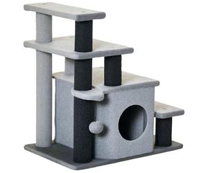 PawHut Dog Steps for Bed, 4 Step Pet Stairs with Cat House, Detachable Cover, Jute Scratching Post, Cat Climb ladder for Sofa w/Hanging Balls - Grey