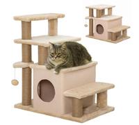 PawHut Dog Steps for Bed, 4 Step Pet Stairs with Cat House for Sofa Beige | Detachable Cover, Jute Scratching Post, Cat Climb Ladder, Hanging Balls