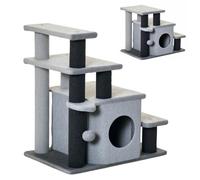 PawHut Dog Steps for Bed, 4 Step Pet Stairs with Cat House for Sofa Grey | Detachable Cover, Jute Scratching Post, Cat Climb Ladder, Hanging Balls