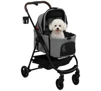 Pawhut Dog Stroller, 3 in 1 Foldable Pet Stroller for Small Puppy Cat with Detachable Travel Carrier, 4 Wheels Dog Pram with Storage Basket, Seat Leashes, Mesh Window, Grey