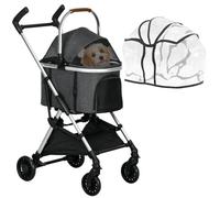 PawHut Dog Stroller 3 in 1 Foldable Travel Basket with Handle Rain Cover Adjustable Canopy Grey