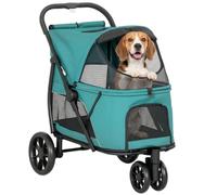 PawHut Dog Stroller, 3 Wheels Pet Stroller with Dual Entry, Dark Green | Easy One-Click Quick Fold, Mesh Windows, Washable Cushion, Pet Travel Buggy for Small and Medium Dogs and Cats