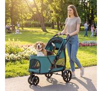 PawHut Dog Stroller, 3 Wheels Pet Stroller with Dual Entry, Dark Green | Easy One-Click Quick Fold, Mesh Windows, Washable Cushion, Pet Travel Buggy for Small and Medium Dogs and Cats