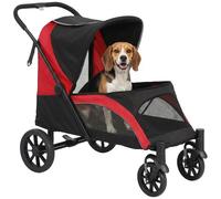 PawHut Dog Stroller, Easy Folding Pet Stroller for Large Dogs, Puppy Pram Pet Pushchair with 4 Big Wheels, Shock-Absorbing Frame, Safety Leashes, Brakes, Maximum Load 30 kg, Red/Black