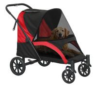PawHut Dog Stroller, Easy Folding Pet Stroller for Large Dogs, Puppy Pram Pet Pushchair with 4 Big Wheels, Shock-Absorbing Frame, Safety Leashes, Brakes, Red/Black Dark Grey