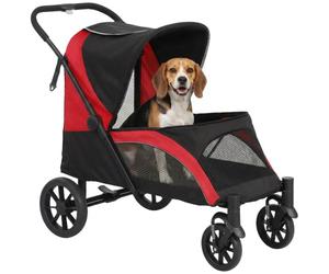 PawHut Dog Stroller, Easy Folding Pet Stroller for Large Dogs, Puppy Pram Pet Pushchair with 4 Big Wheels, Shock-Absorbing Frame, Safety Leashes, Brakes, Maximum Load 30 kg, Red/Black