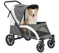 PawHut Dog Stroller, Easy Folding Pet Stroller for Medium Dogs, Puppy Pram Pet Pushchair with 4 Big Wheels, Shock-Absorbing Frame, Safety Leashes, Br