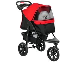 PawHut Dog Stroller Foldable Pet Pram, 3 Wheels Dog Pushchair with Brake, for Small Miniature Breeds, Cats, Red