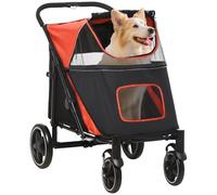 PawHut Dog Stroller, Foldable Pet Pram Dog Pushchair Buggy with Adjustable Canopy for Medium and Large Breeds, Red