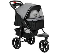 PawHut Dog Stroller Foldable Pet Pram for Small Breeds Cats, 3 Wheels Grey | Dog Pushchair with Brake, Cupholder