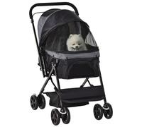 PawHut Dog Stroller, Pet Stroller, Foldable Dog Cat Travel Pushchair with Reversible Handle, EVA Wheels, Brake, Basket, Adjustable Canopy, Safety Leash, for Small Dogs, Grey Red