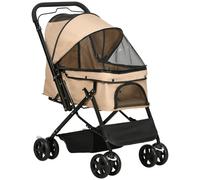 PawHut Dog Stroller, Pet Stroller, Foldable Dog Cat Travel Pushchair with Reversible Handle, EVA Wheels, Brake, Basket, Adjustable Canopy, Safety Leash, for Small Dogs, Grey Brown