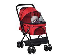 PawHut Dog Stroller, Pet Stroller, Foldable Dog Cat Travel Pushchair with Reversible Handle, EVA Wheels, Brake, Basket, Adjustable Canopy, Safety Leash, for Small Dogs, Red