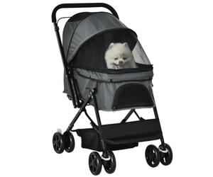 PawHut Dog Stroller, Pet Stroller, Foldable Dog Cat Travel Pushchair with Reversible Handle, EVA Wheels, Brake, Basket, Adjustable Canopy, Safety Leash, for Small Dogs, Grey