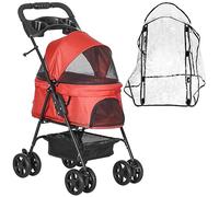 PawHut Dog Stroller with Rain Cover Dog Pushchair for Small Dogs Red