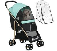 PawHut Dog Stroller with Rain Cover, Foldable Dog Pram, 4 Wheels Pet Pushchair with Safety Leashes, for Small, Miniature Dogs, Cats - Green