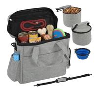 PawHut Dog Travel Bag with Multiple Pockets for Cat Puppy Picnic Light Grey | Dog Walking Bag, Two Food Containers, Silicone Collapsible Bowl, Camping