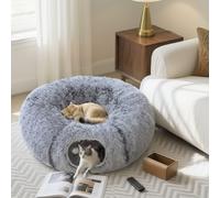 PawHut Donut Play Tunnel Bed with Washable Cushion and Toy Ball, Light Grey