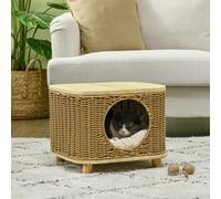 PawHut Elevated Design Wicker Cat House with Washable Cushion, Light Brown