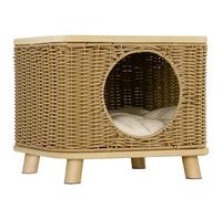 PawHut Elevated Design Wicker Cat House with Washable Cushion, Light Brown
