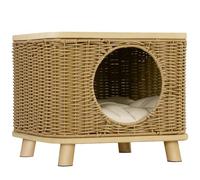 PawHut Elevated Design Wicker Cat House with Washable Cushion, Light Brown | Rattan Cat Bed Basket, Washable Soft Cushion, Door Hole