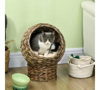 PawHut Elevated Kitten Hooded Rattan Cat House Basket Cushion, 40x37x51cm Grey