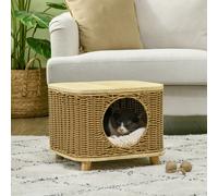 PawHut Elevated Design Wicker Cat House with Washable Cushion, Light Brown