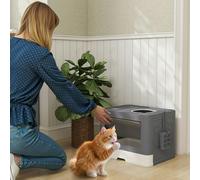 PawHut Cat Litter Tray with Hood Cat Litter Box with Brush, Front Entry, Top Exit, Removable Tray, Scoop, 48.5 x 38 x 36.5cm - Grey