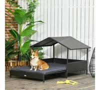 PawHut Rattan Dog House, Extendable Outdoor Wicker Dog Bed w/Water-Resistant Roof, Removable Cushion, for Small and Medium Dogs - Grey