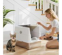 PawHut Stainless Steel Cat Litter Tray, Extra Large Enclosed Litter Box for Large Cats with Scoop, Flip Top, Easy Cleaning, Light Grey