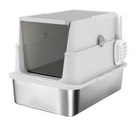 PawHut Extra Large Stainless Steel Cat Litter Tray with Scoop, Flip-Top Lid, Odour Control, Modern Design Aosom UK