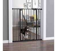 PawHut Extra Tall Dog Gate with Cat Door Auto Close - Black - 74-101cm Wide