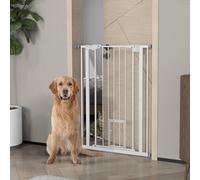 PawHut Extra Tall Dog Gate with Cat Flap, Pet Safety Gate for Doorways Stairs with Auto Close Double Locking, 104 cm Tall 74-80 cm Wide, White