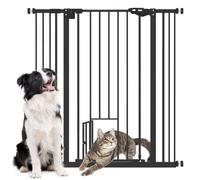 PawHut Extra Tall Dog Gate with Cat Flap, Pet Safety Gate for Doorways Stairs with Auto Close Double Locking, 104 cm Tall 74-101 cm Wide, Black