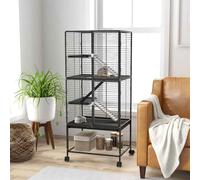 PawHut Ferret Cage Rolling Small Animal Cage 4 Levels Pet Cage 136cm Height for Chinchillas, Squirrels with 3 Doors, Storage Shelf, Tray, Bowl, Water Bottle, Ramps - Charcoal Grey