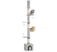 PawHut Floor to Ceiling Cat Tree, 230-250cm Multi-Level Cat Tower | Activity Tree for Indoor Kittens, Adjustable Height, Scratching Posts, Condo, Platforms and 3 Dangling Balls, Light Grey